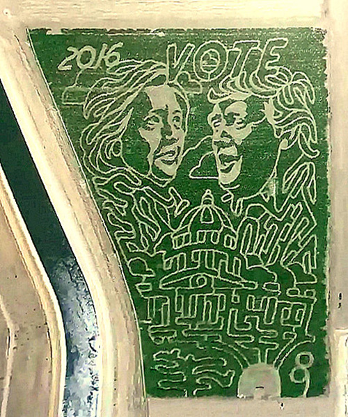 Aerial view of a corn maze with Trump and Biden