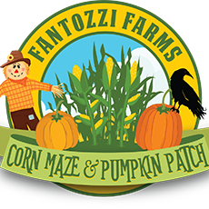 Logo of Fantozzi Farms featuring corn, pumpkins, scarecrow, and a crow.