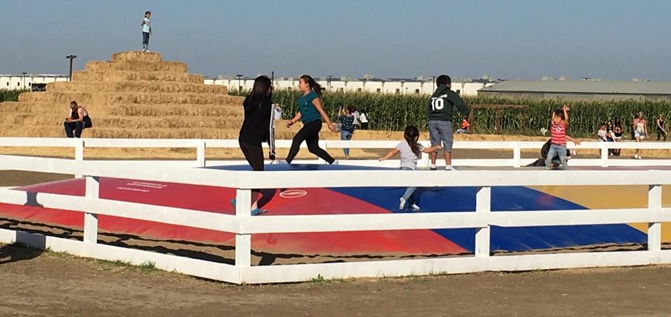 Children playing on a white and red wooden platform outdoors.