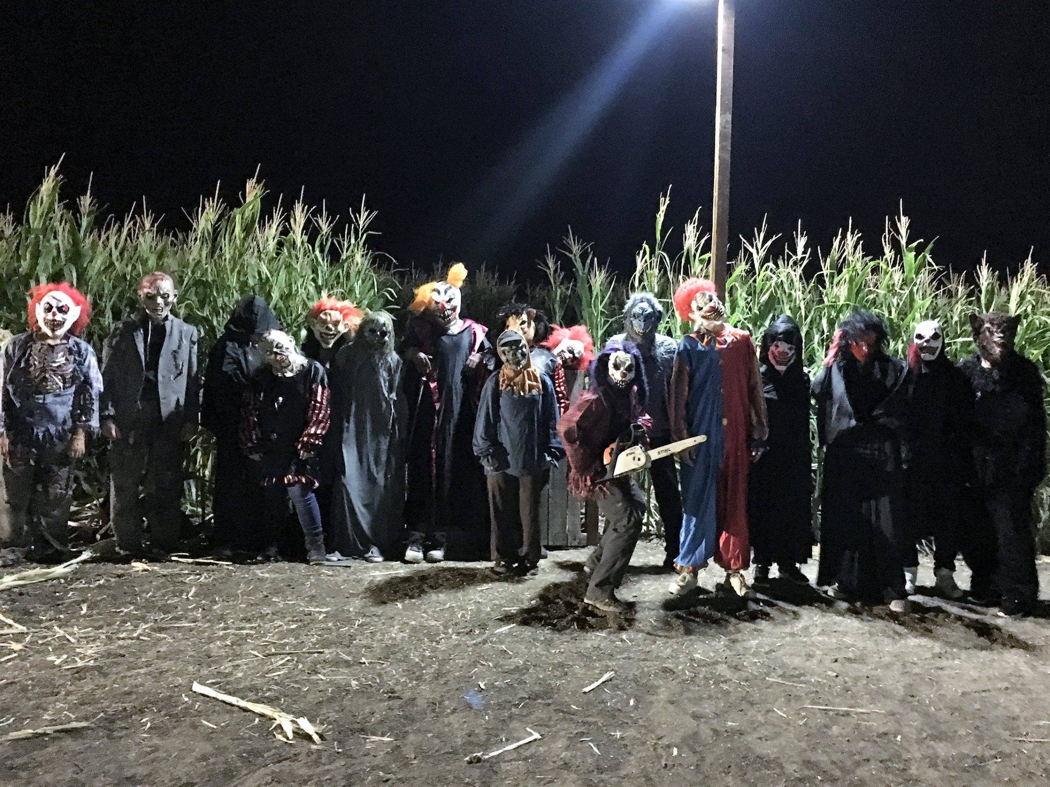 People dressed up in scary costumes at a corn maze at night