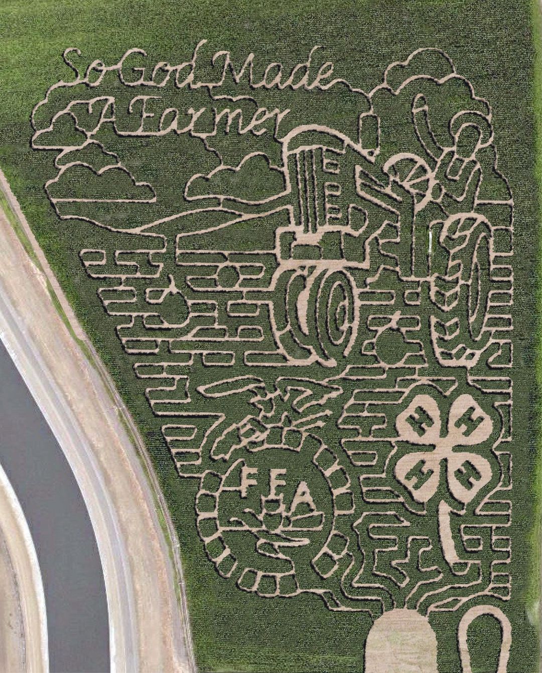 Aerial view of a corn maze