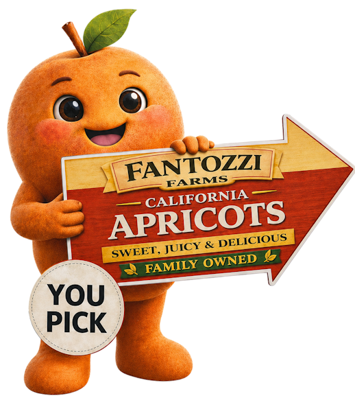 Apricot Holding a Sign That Says Fantozzi Farms Apricots
